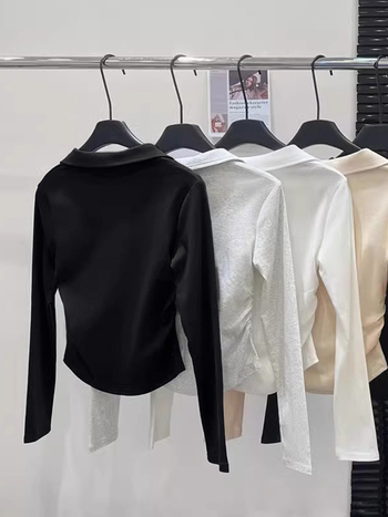 Ženska bavlna polo majica s dugim rukavima, spandeks, slim fit, kratki kroj, jesen 2025