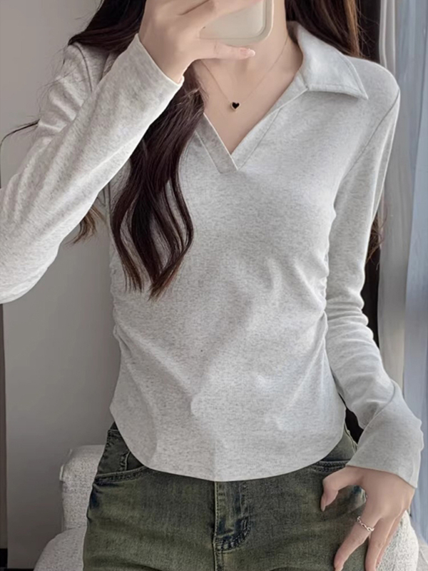 Ženska bavlna polo majica s dugim rukavima, spandeks, slim fit, kratki kroj, jesen 2025