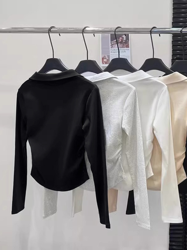 Ženska bavlna polo majica s dugim rukavima, spandeks, slim fit, kratki kroj, jesen 2025