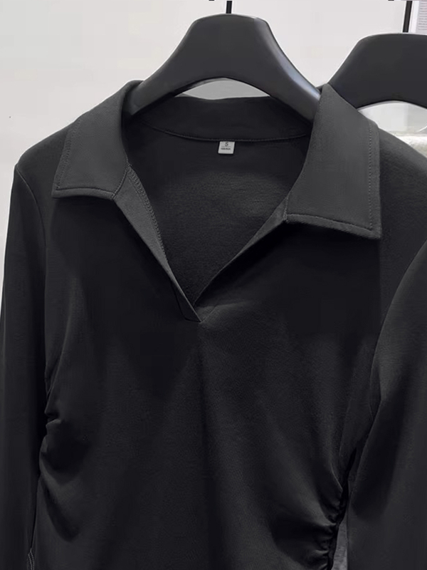 Ženska bavlna polo majica s dugim rukavima, spandeks, slim fit, kratki kroj, jesen 2025