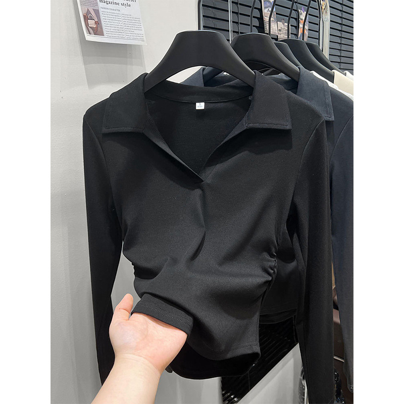 Ženska bavlna polo majica s dugim rukavima, spandeks, slim fit, kratki kroj, jesen 2025