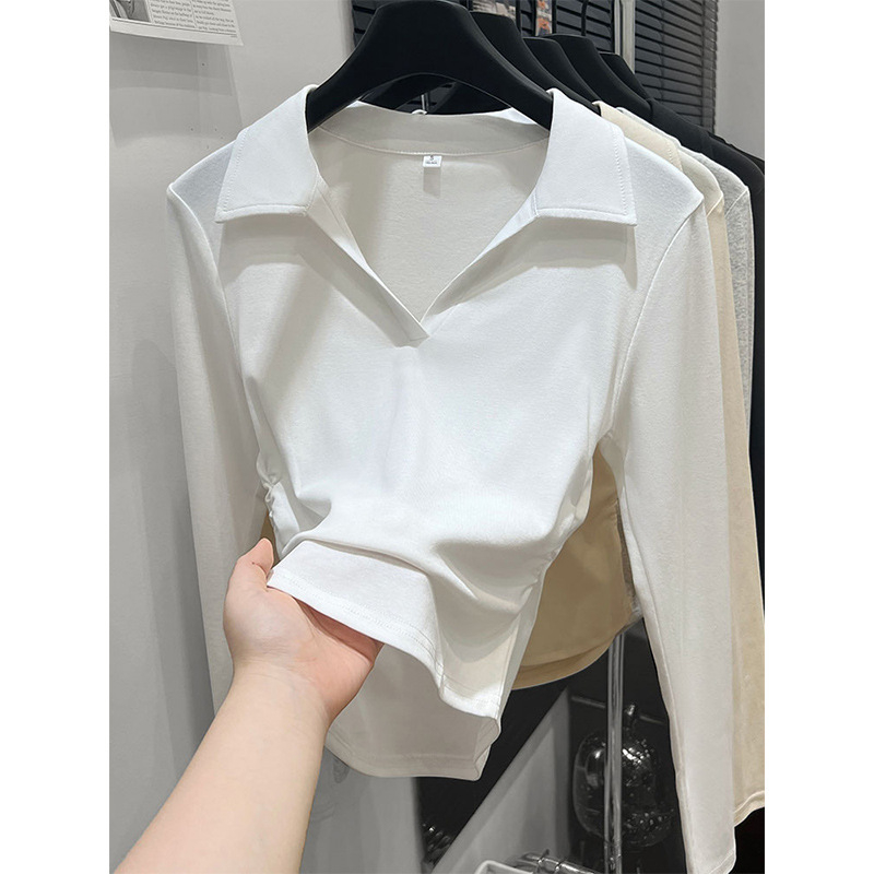 Ženska bavlna polo majica s dugim rukavima, spandeks, slim fit, kratki kroj, jesen 2025