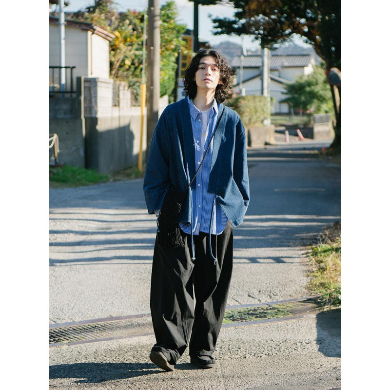 Japanski stil denim-pamuk jakna, široki kroj, bez ovratnika, za muškarce.
