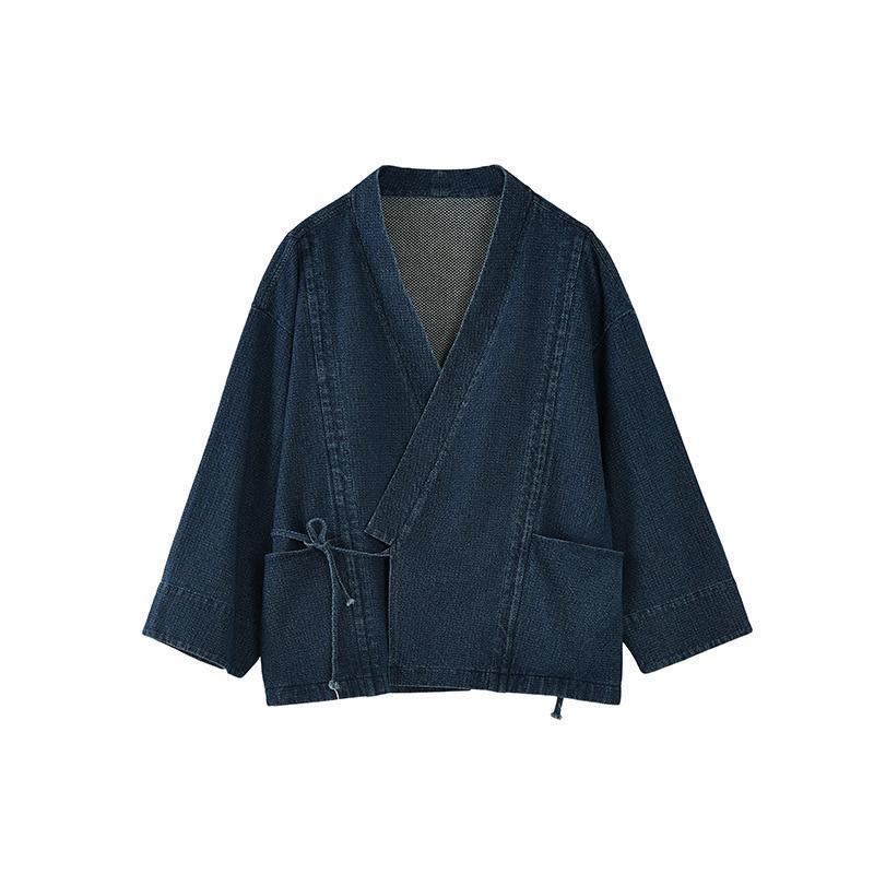 Japanski stil denim-pamuk jakna, široki kroj, bez ovratnika, za muškarce.