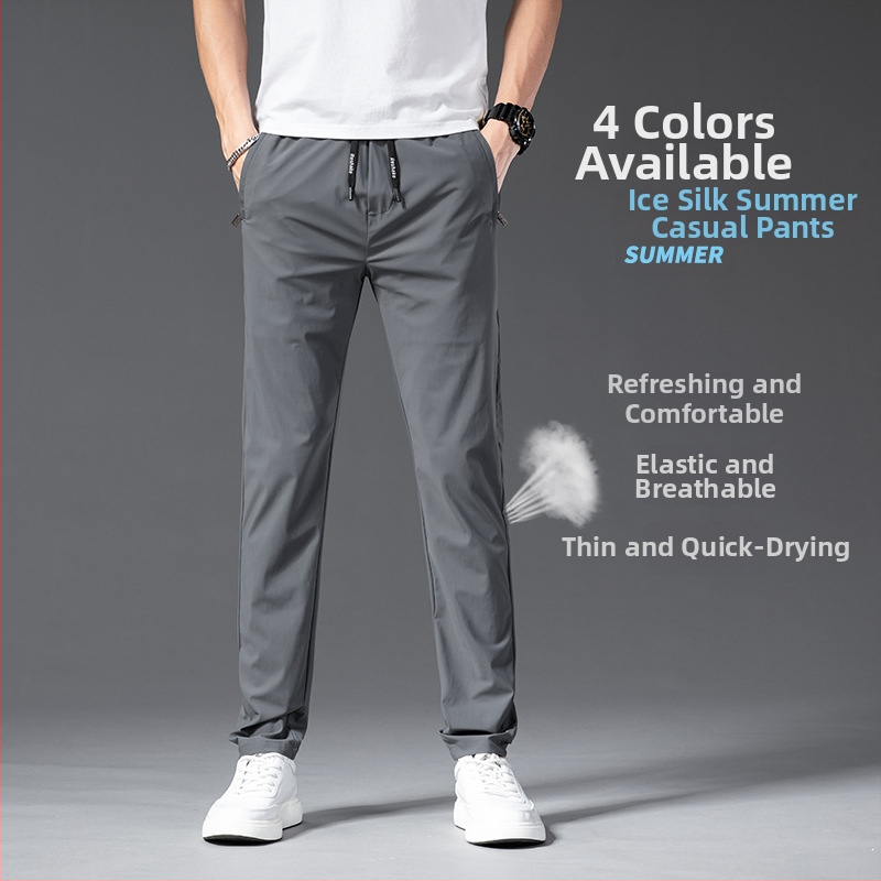 Muške casual hlače – tankom ice-silk tkanina, brzo sušeće, ravno opuštena kroj, srednji pojas, prozračan materijal (90% najlon, 10% elastan; brzo sušenje; ravno opuštena kroj; srednji pojas; prozračan materijal)