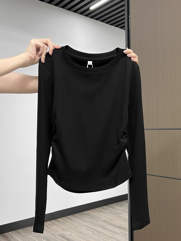 Ženska pamučna majica s dugim rukavima, uskim struka s plisiranjem, okrugli izrez, naborana tekstura, Slim fit, Proljeće 2025