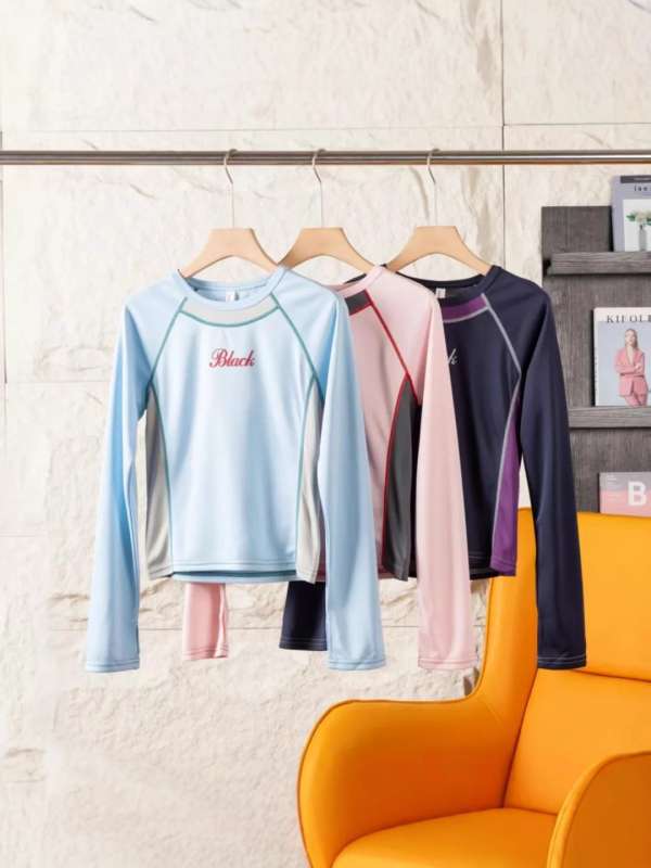 Ženska majica s dugim rukavima, brzo se suši i prozračna, dizajn color-block, pulover-stil, okrugli izrez, uski kroj, smjesa poliestera i akrila