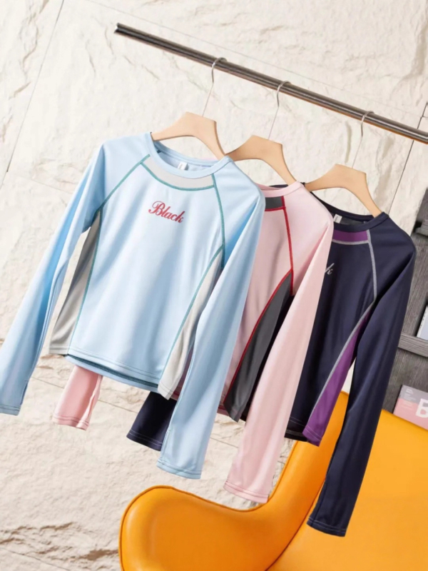 Ženska majica s dugim rukavima, brzo se suši i prozračna, dizajn color-block, pulover-stil, okrugli izrez, uski kroj, smjesa poliestera i akrila