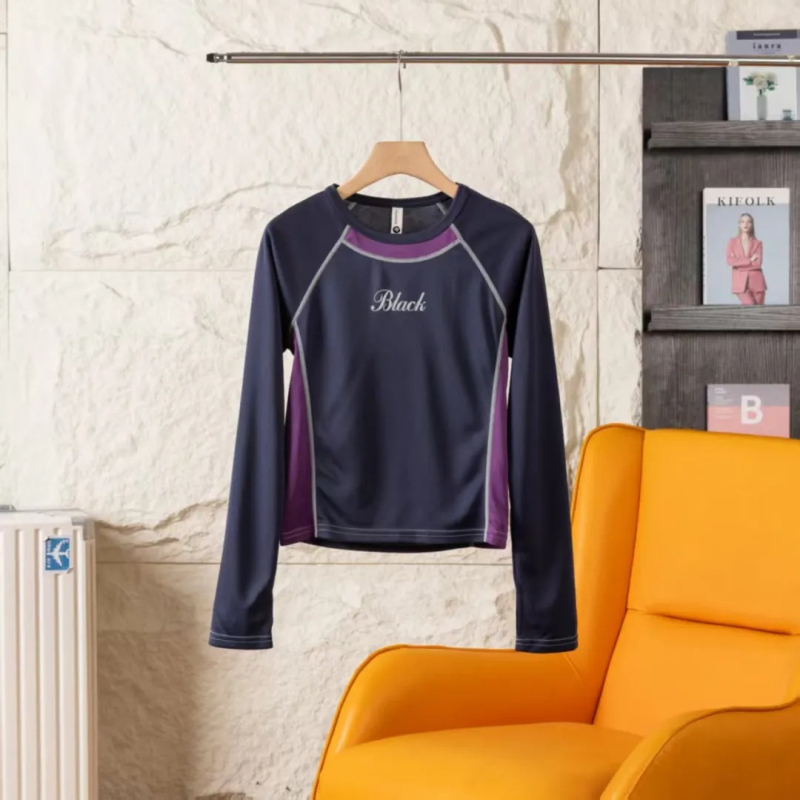 Ženska majica s dugim rukavima, brzo se suši i prozračna, dizajn color-block, pulover-stil, okrugli izrez, uski kroj, smjesa poliestera i akrila