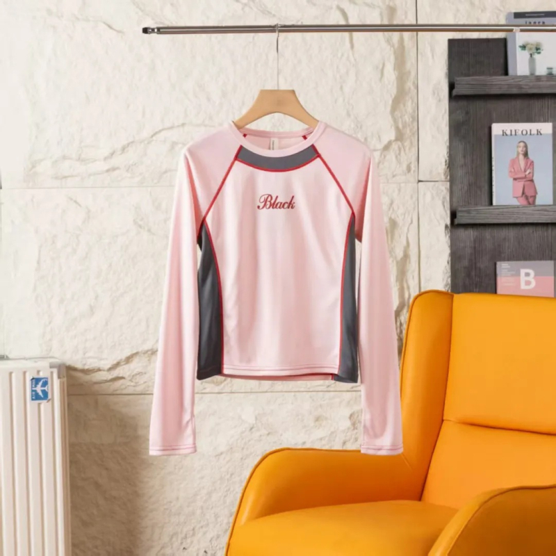 Ženska majica s dugim rukavima, brzo se suši i prozračna, dizajn color-block, pulover-stil, okrugli izrez, uski kroj, smjesa poliestera i akrila