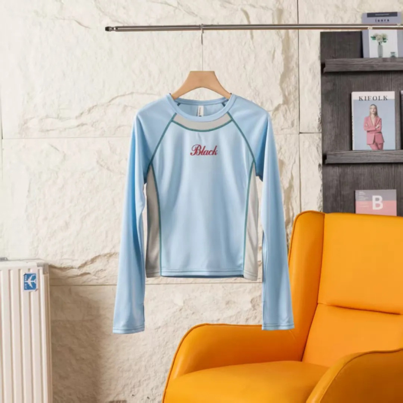 Ženska majica s dugim rukavima, brzo se suši i prozračna, dizajn color-block, pulover-stil, okrugli izrez, uski kroj, smjesa poliestera i akrila
