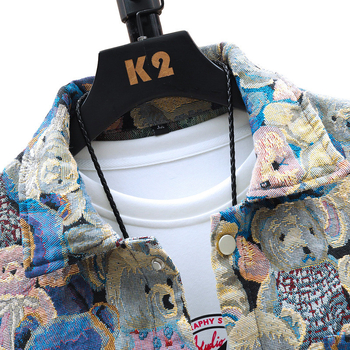 Muška denim jakna, stojeći ovratnik, labav kroj, jacquard uzorak, dugi rukav