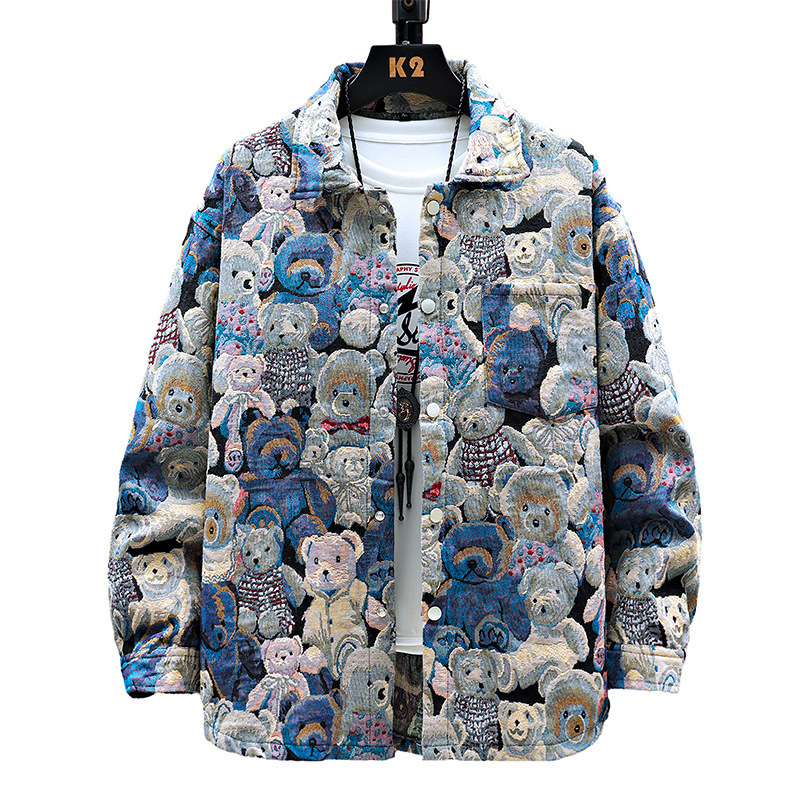 Muška denim jakna, stojeći ovratnik, labav kroj, jacquard uzorak, dugi rukav