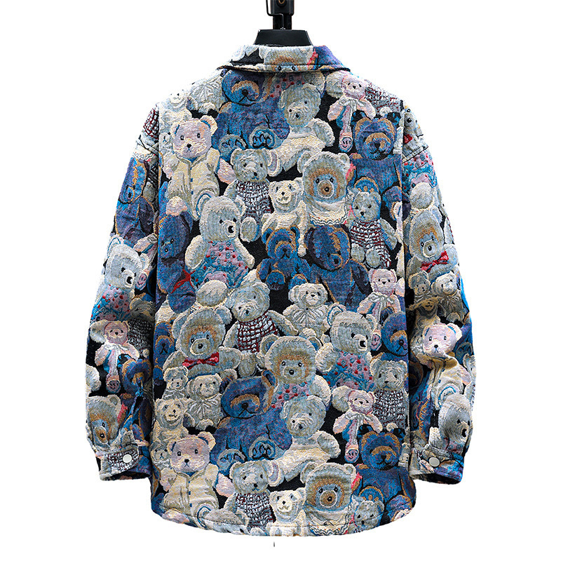 Muška denim jakna, stojeći ovratnik, labav kroj, jacquard uzorak, dugi rukav