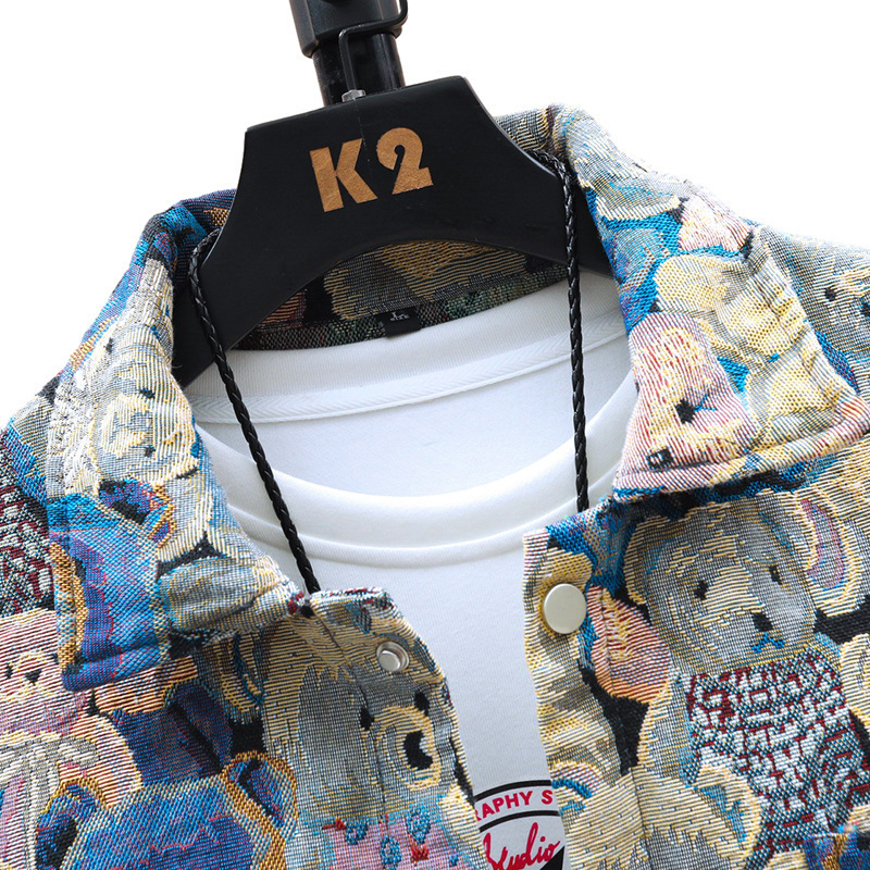 Muška denim jakna, stojeći ovratnik, labav kroj, jacquard uzorak, dugi rukav