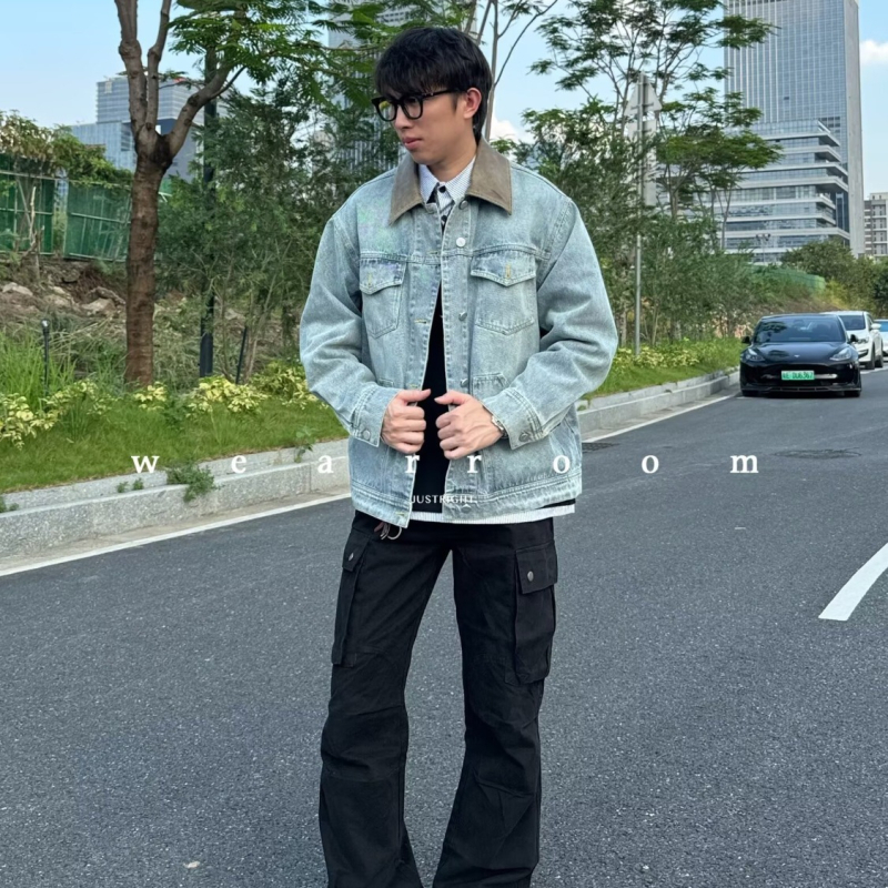 Muška corduroy jakna s reverom, kapuljačom, bočne džepove, jesen 2025