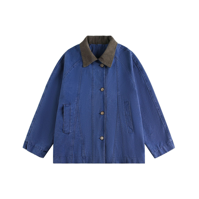 Jakna s barn stilom retro patchworkom, rever ovratnik, slobodan kroj, srednja duljina; vanjska tkanina od pamuka, podstava od poliestera