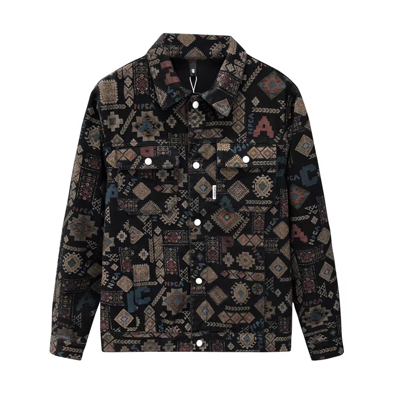 Muška traper jakna, etnički stil, rever ovratnik, slobodan kroj, pamuk