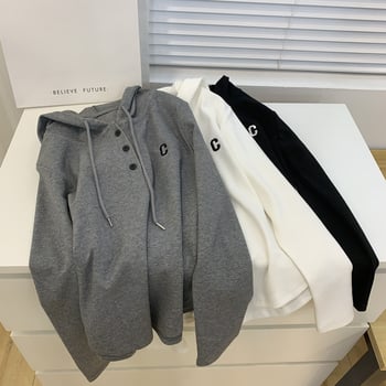 Hanorac cu glugă brodat cu logo C, amestec bumbac-poliester, mâneci lungi, model text, stil casual coreean