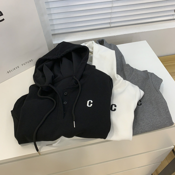 Hanorac cu glugă brodat cu logo C, amestec bumbac-poliester, mâneci lungi, model text, stil casual coreean