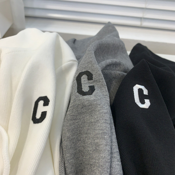Hanorac cu glugă brodat cu logo C, amestec bumbac-poliester, mâneci lungi, model text, stil casual coreean