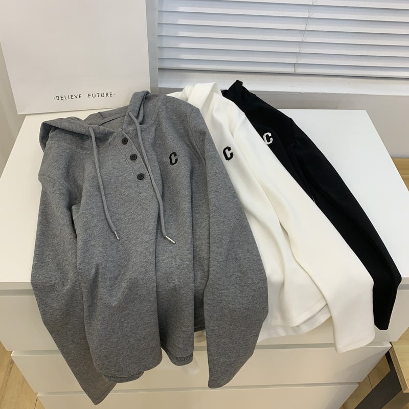 Hanorac cu glugă brodat cu logo C, amestec bumbac-poliester, mâneci lungi, model text, stil casual coreean