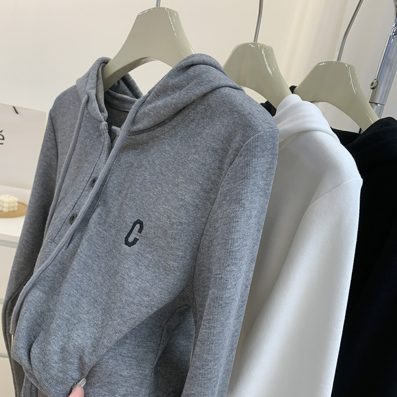 Hanorac cu glugă brodat cu logo C, amestec bumbac-poliester, mâneci lungi, model text, stil casual coreean