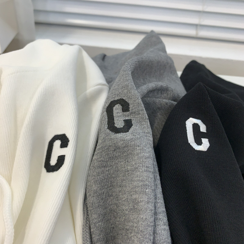 Hanorac cu glugă brodat cu logo C, amestec bumbac-poliester, mâneci lungi, model text, stil casual coreean