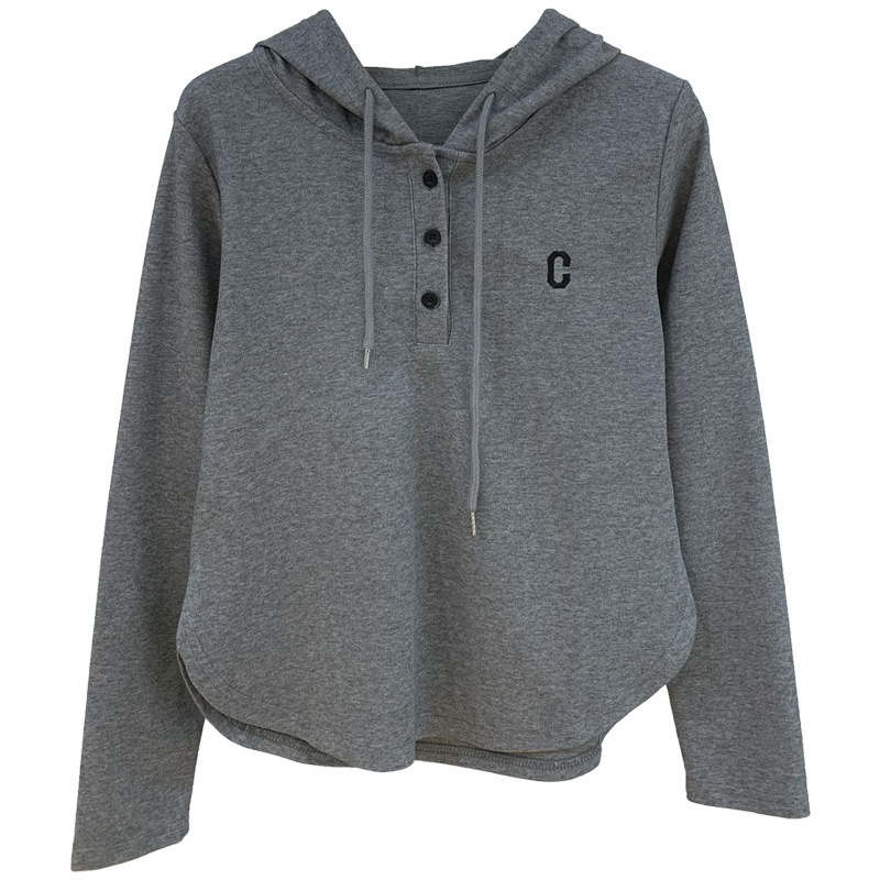 Hanorac cu glugă brodat cu logo C, amestec bumbac-poliester, mâneci lungi, model text, stil casual coreean