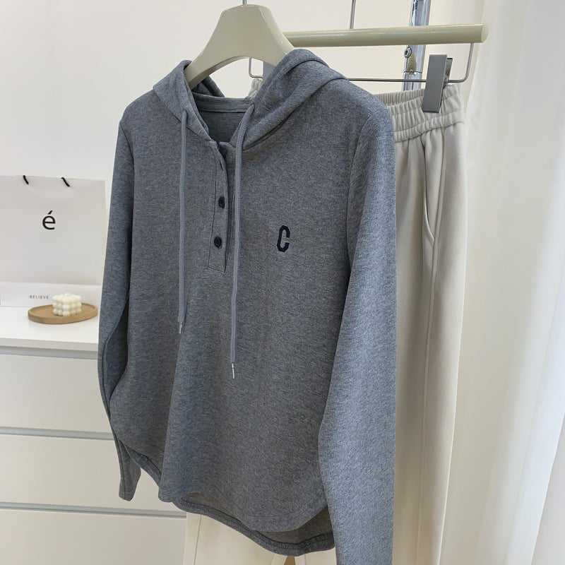 Hanorac cu glugă brodat cu logo C, amestec bumbac-poliester, mâneci lungi, model text, stil casual coreean