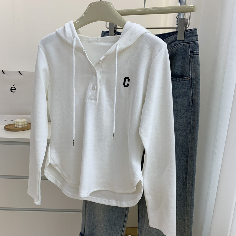Hanorac cu glugă brodat cu logo C, amestec bumbac-poliester, mâneci lungi, model text, stil casual coreean