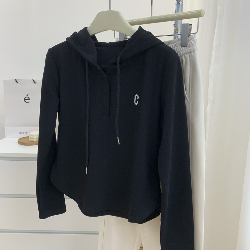 Hanorac cu glugă brodat cu logo C, amestec bumbac-poliester, mâneci lungi, model text, stil casual coreean
