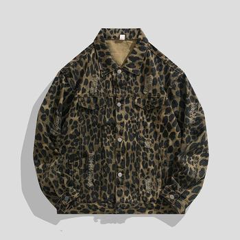 Džins jakna s leopard printom, kapuljačom, širokim krojem, rever ovratnik, jednoslojno kopčanje, bočni džepovi
