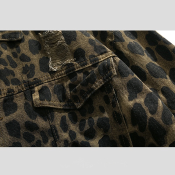 Džins jakna s leopard printom, kapuljačom, širokim krojem, rever ovratnik, jednoslojno kopčanje, bočni džepovi