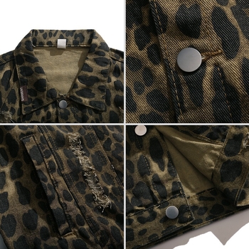 Džins jakna s leopard printom, kapuljačom, širokim krojem, rever ovratnik, jednoslojno kopčanje, bočni džepovi