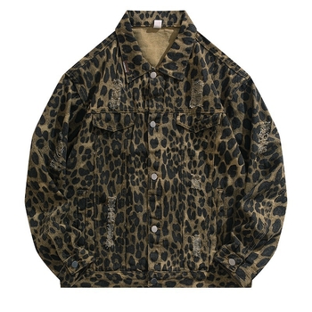 Džins jakna s leopard printom, kapuljačom, širokim krojem, rever ovratnik, jednoslojno kopčanje, bočni džepovi