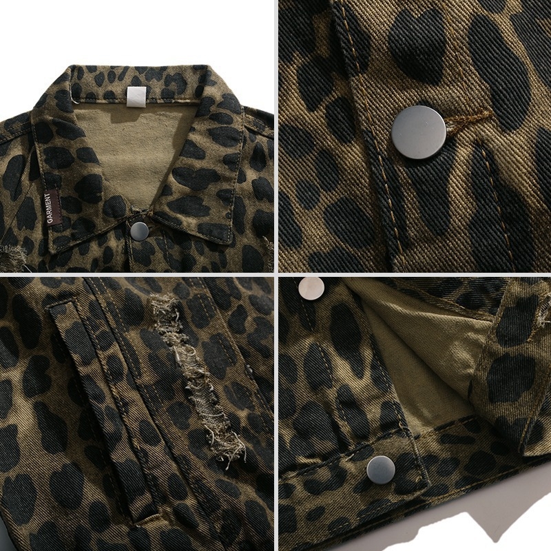 Džins jakna s leopard printom, kapuljačom, širokim krojem, rever ovratnik, jednoslojno kopčanje, bočni džepovi