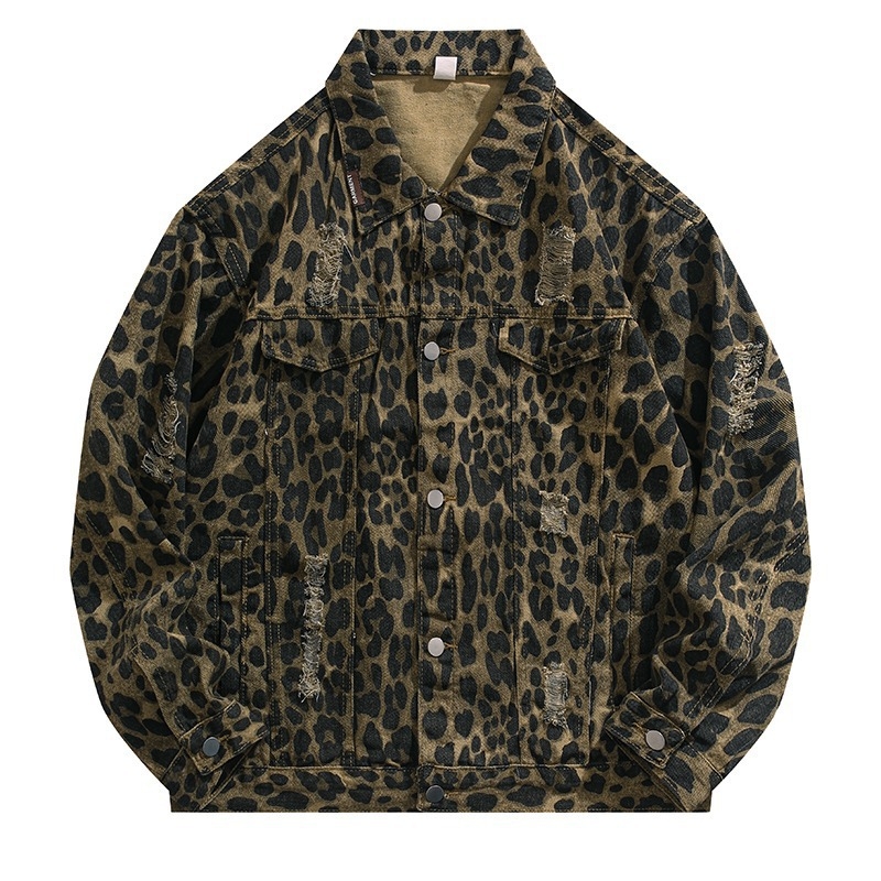 Džins jakna s leopard printom, kapuljačom, širokim krojem, rever ovratnik, jednoslojno kopčanje, bočni džepovi
