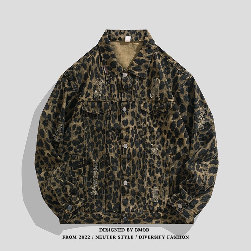 Džins jakna s leopard printom, kapuljačom, širokim krojem, rever ovratnik, jednoslojno kopčanje, bočni džepovi