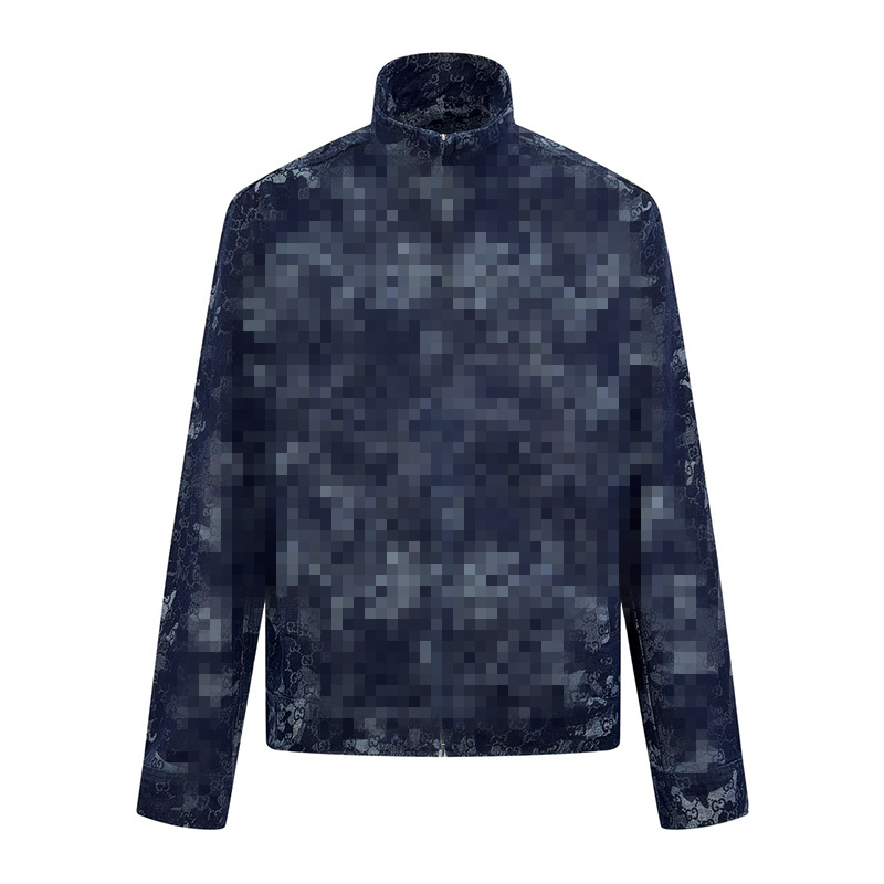 Denim jakna jacquard s all-over cvjetnim printom - unisex, stojeći ovratnik, zatvarač, normalna duljina, vodootporna i odvodi vlagu