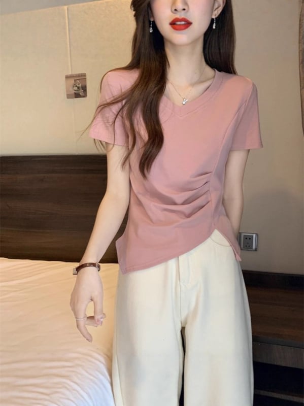 Ženski T-shirt s V izrezom, dugi rukavi, viskozna 95%+, jednobojna boja, pulover stil