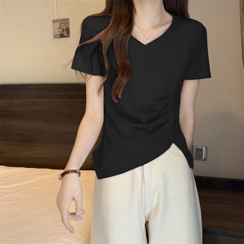 Ženski T-shirt s V izrezom, dugi rukavi, viskozna 95%+, jednobojna boja, pulover stil