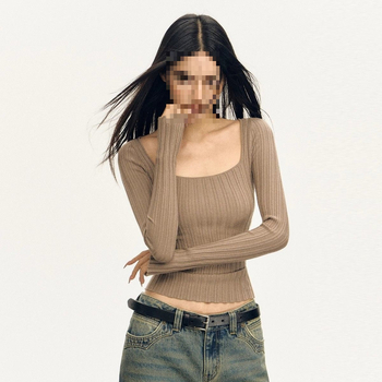 Tricou de damă cu mânecă lungă, stil pulover, poliester, guler pătrat, primăvara 2025