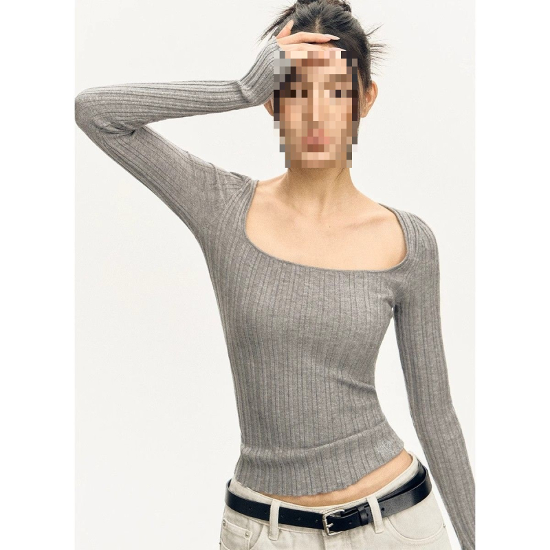 Tricou de damă cu mânecă lungă, stil pulover, poliester, guler pătrat, primăvara 2025