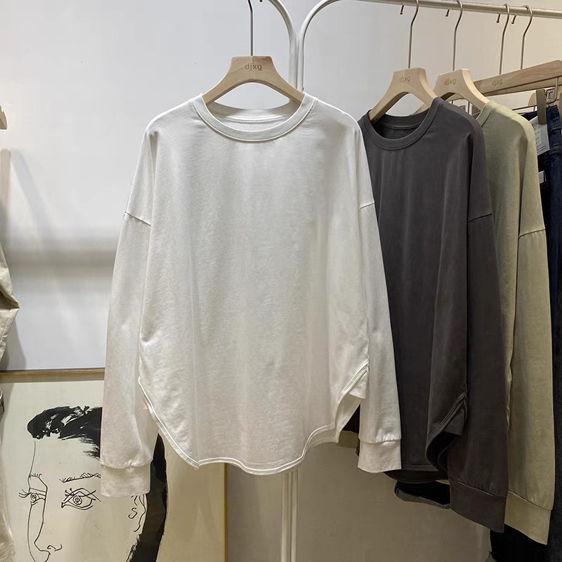 Ženski T-shirt od 95% pamuka, okrugli izrez, dugi rukav, slobodan kroj, zakrivljeni rub