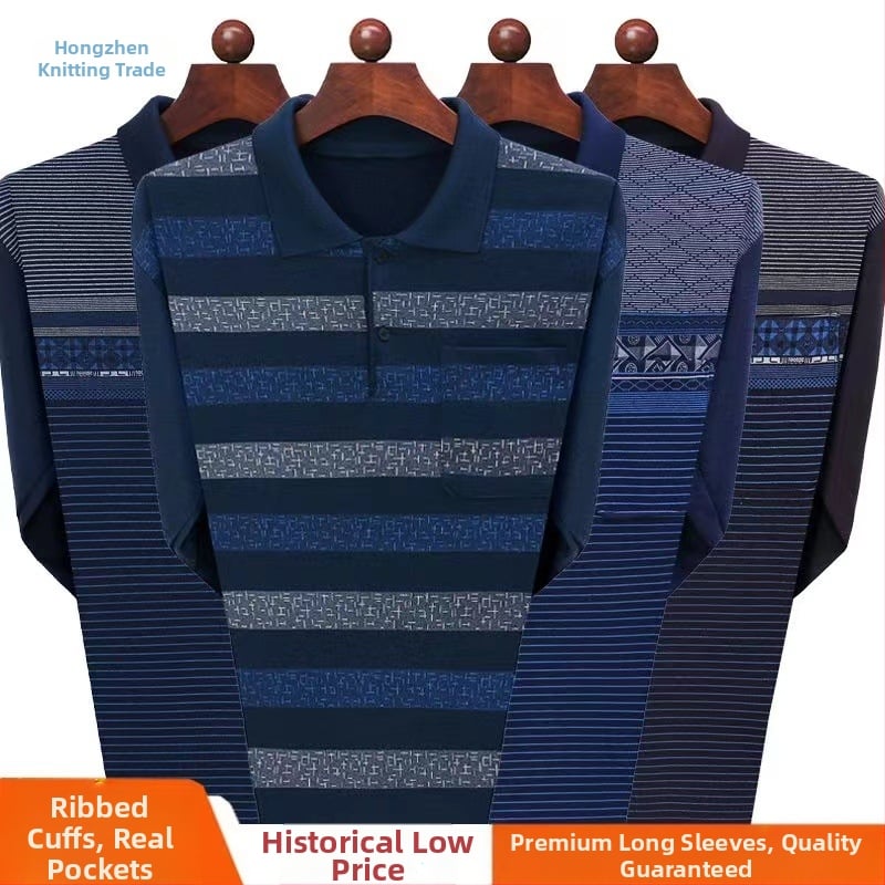 Мъжки дълъг ръкав поло с яка-ревер, дишаща памучна смес 71–80%, геометричен принт, износоустойчив