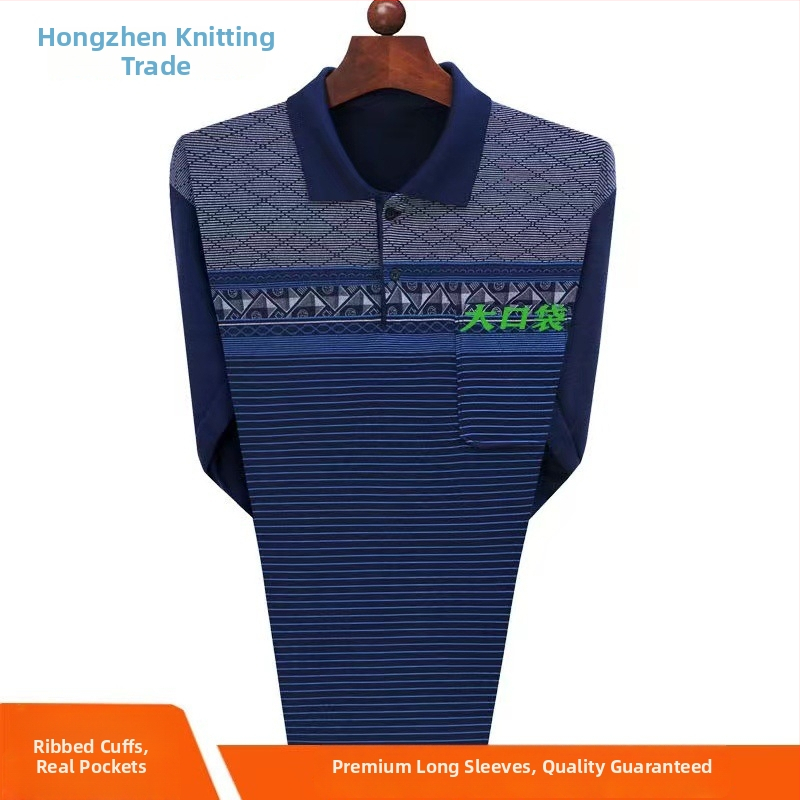 Мъжки дълъг ръкав поло с яка-ревер, дишаща памучна смес 71–80%, геометричен принт, износоустойчив