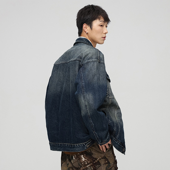 Wangyoulin geacă din denim cu detaliu distressed, buzunare cu clapete symetrice, închidere cu cataramă dublă, croială lejeră, stil retro normcore