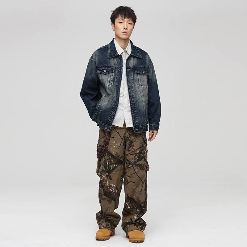 Wangyoulin geacă din denim cu detaliu distressed, buzunare cu clapete symetrice, închidere cu cataramă dublă, croială lejeră, stil retro normcore