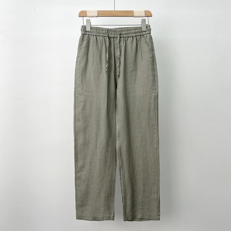 Kényelmes lennadrág, kínai stílusú egyenes szabás, középmagasságú derék, zsinórzárás (100% len, nyár)